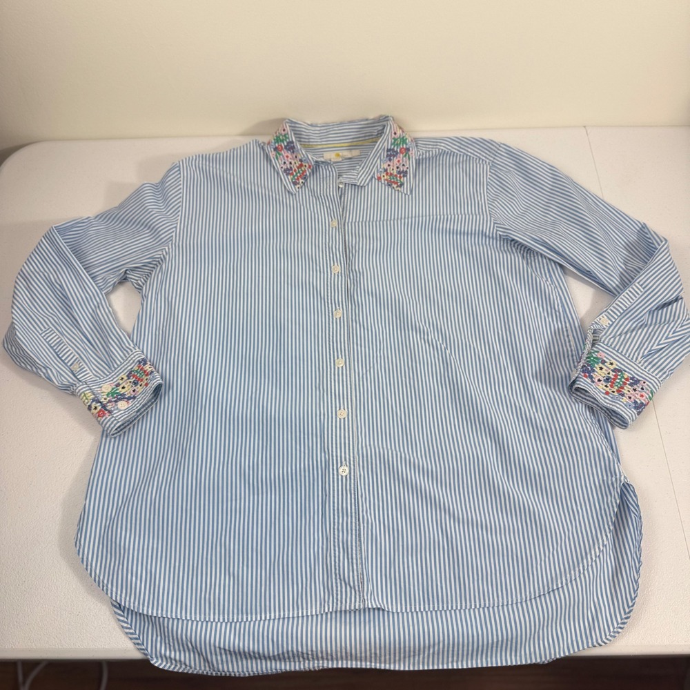 Boden Women's Cotton Blue White Striped Floral Embroidered Button Down Shirt 12R